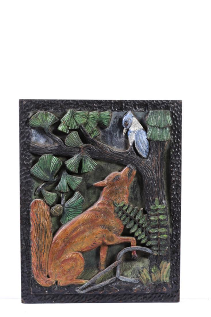 "KINGFISHER & TRAPPED FOX" CARVED & PAINTED PLAQUE: Carved mahogany in low relief. 14 x 11 inches. signed J.C. Mills.