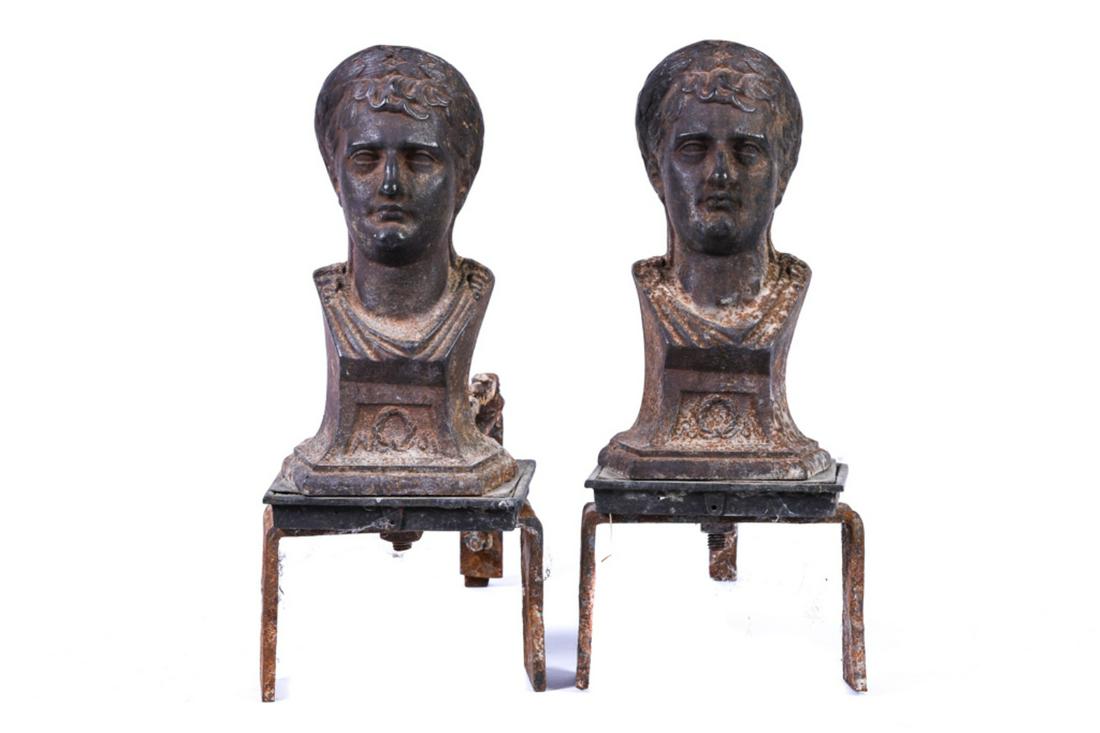(19th c) CAST IRON FRENCH FIGURAL ANDIRONS: Depicting Napoleon. 13 x 14 inches.