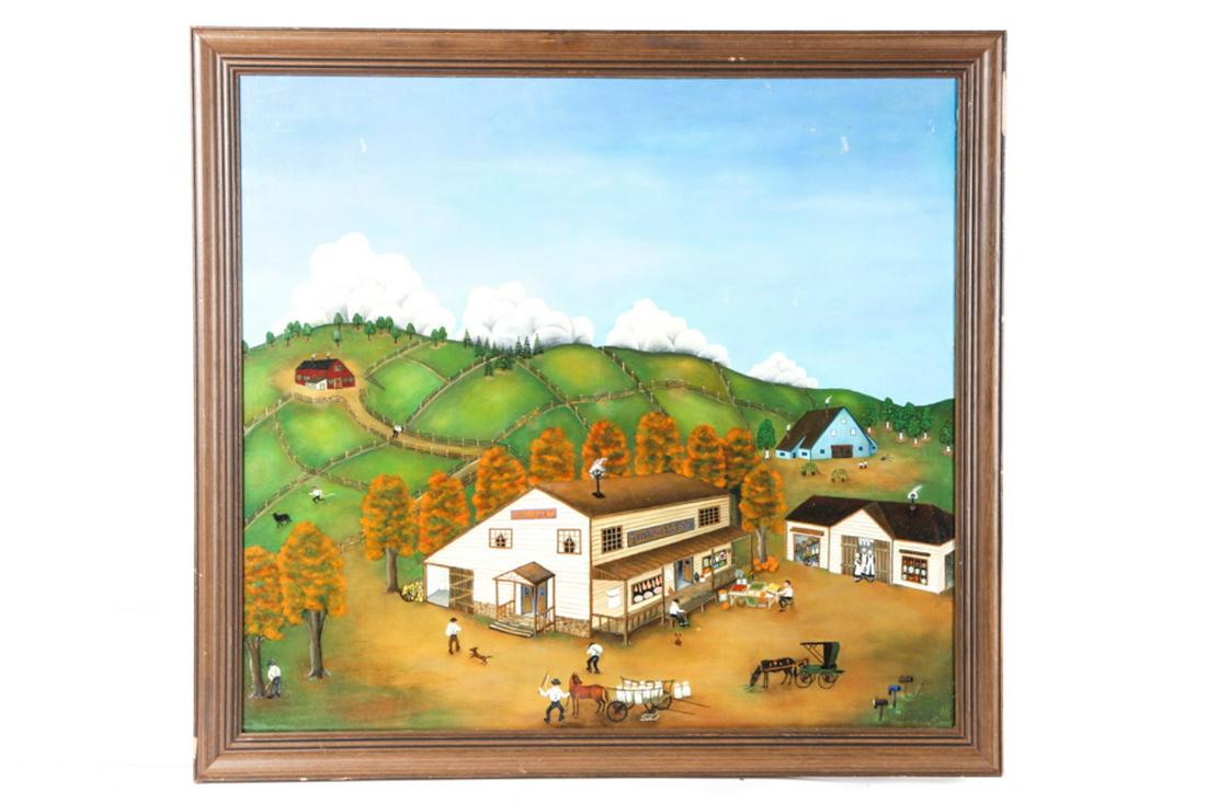 HANNELORE SAND (1921-2014) FOLK ARTIST: "Busy Day on Hill Farm" oil on linen 22 x 24 inches. signed. framed. 24 12 x 26 inches (overall)