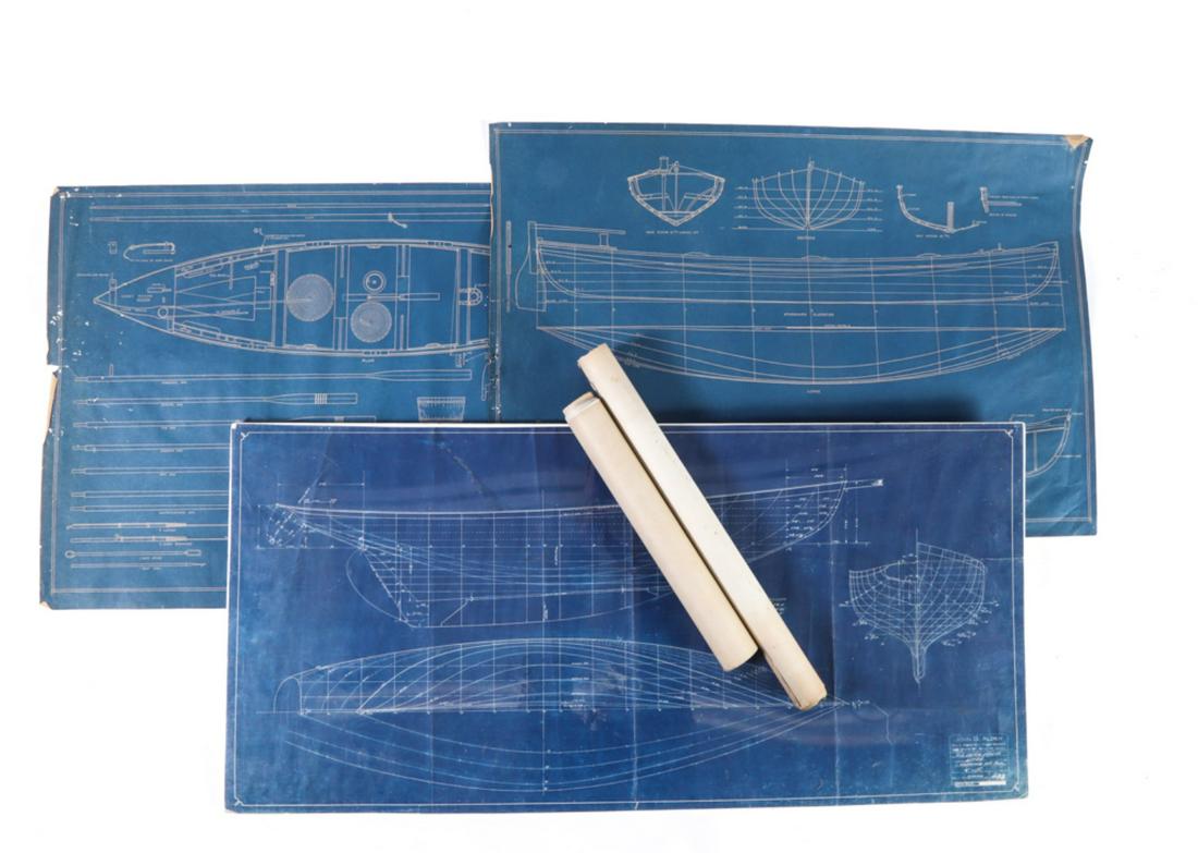 (5) BOAT BUILDER'S BLUE PRINTS 1922-1934: Including: (2) For Salem Privateer "Grand Turk", (2) Whaleboat of New Bedford "Beetle" and (1) Aux. Cruising Schooner. 19 1/2 x 41 inches (and under)