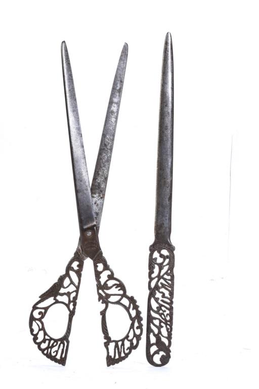 E. BERCIGLI FIRENZE ITALIAN DESK SET: With scissors and letter opener. Finely cast with pierced handles incorporating monogram, birds and scrolls. Including: Scissors and letter opener. bronzed steel 11 1/4 inches.