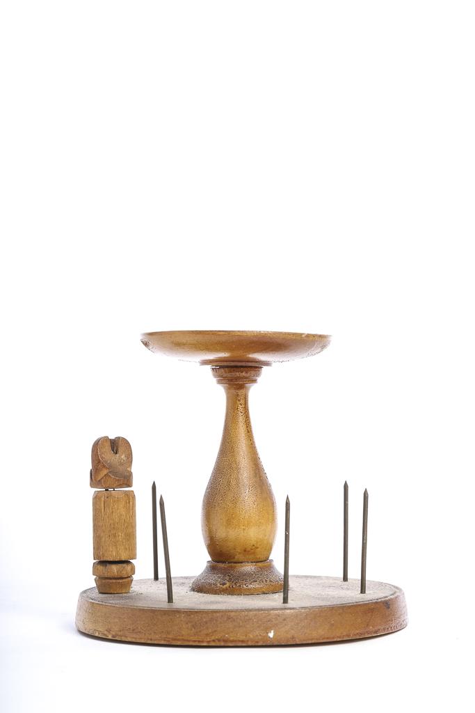 SHAKER SPOOL STAND / HOLDER: (7) Spool stand with pin cushion pedestal. signed "Shaker Goods" under base. 4 x 4 3/4 inches.