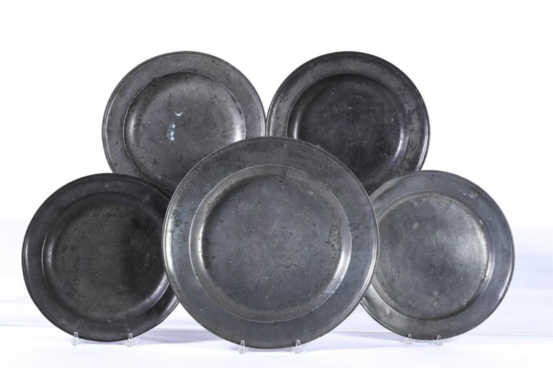 (5) PEWTER CHARGERS: Including: (2) Richard Yates, John Townsend and (1) largest illeg and (1) unmarked. 16 1/2 inches (and under)