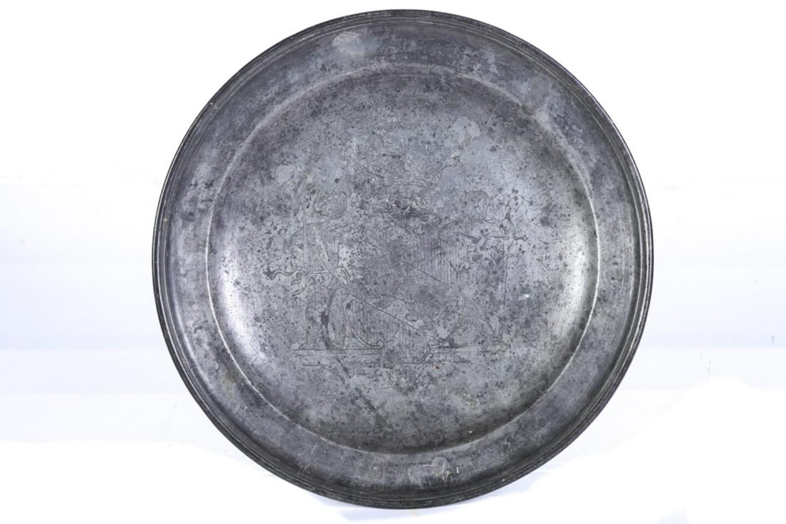 1734 PEWTER CHARGER: Engraved 1734 above the Coat of Arms of Bern, Switzerland, possibly commemorating those immigrating to America beginning in that year. Touch and hallmarks on and under rim. 12 1/4 inches