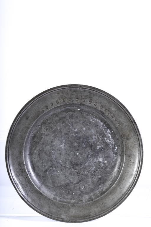 (18th c) PEWTER CHARGER WITH CROWN ROSE MARK: "GVBB*AVDB* 1793" stamped into rim. Crown rose mark and Winged knight. 13 3/4 inches