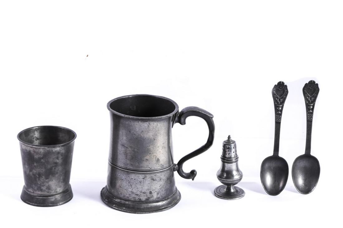 (5) PEWTER PEPPER CASTER & JAMES MOYES QUART etc.: A very nice English caster c. 1760. unmarked. 4 inches. Scottish James Moyes quart measure, (2) spoons and a Morry & Smith beaker. 6 1/2 inches (and under)