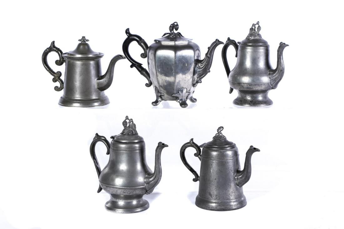 (5) PEWTER TEAPOTS MOREY & OBER etc: (2) Morey & Ober (Boston), Roswell Gleason R. Dunham and Smith and Company. 9 inches (and under)