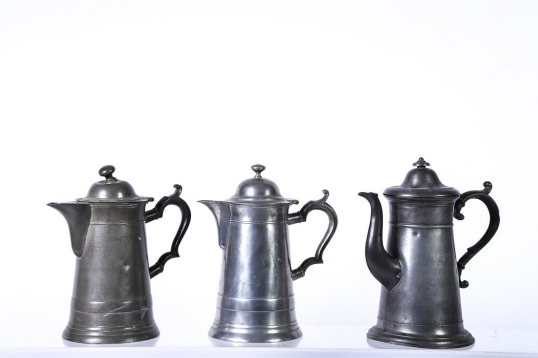 (3) SIGNED PEWTER COFFEE POTS: (1) Stamped I.C. Lewis, (2) illegible. 11 inches (approx)