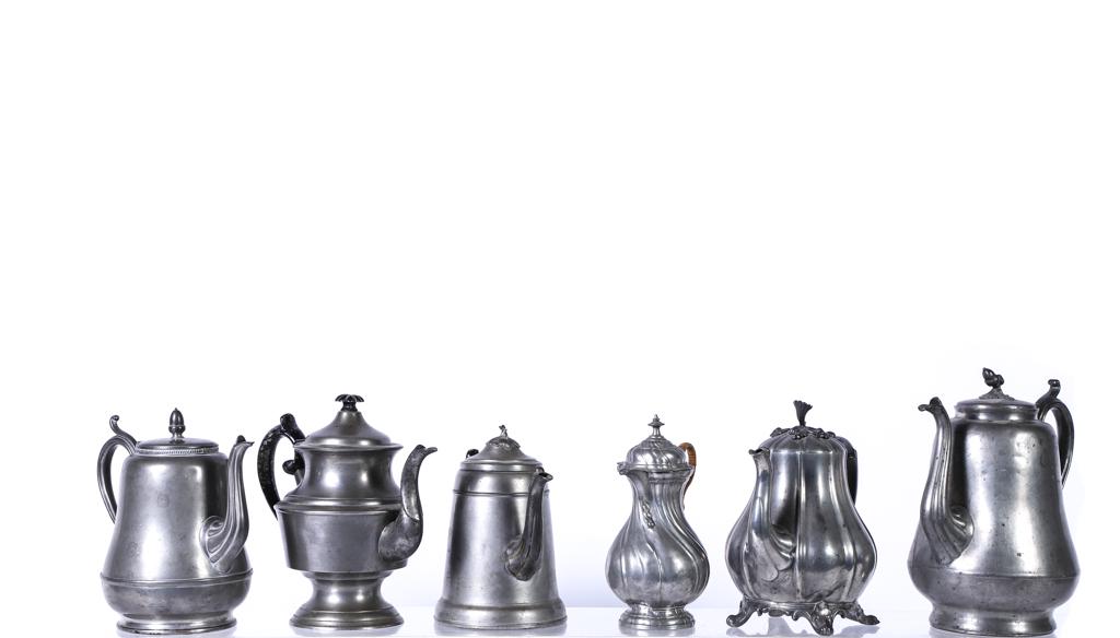 (6) PEWTER TEAPOTS: Including: Calder, William Lyman, Smith & Feltmen, F. Dunham, Block Zinn and T.D. & S.B. 10 inches (and under)