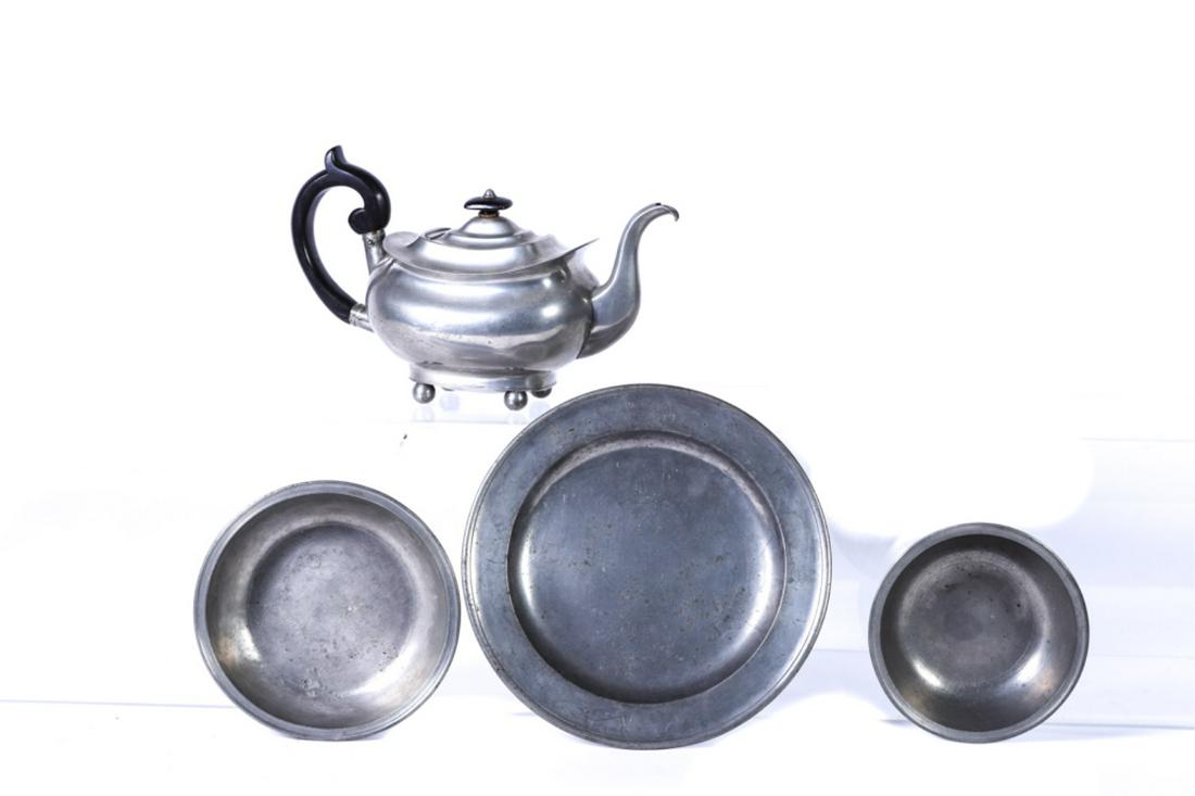 (4) SAMUEL HAMLIN, DIXON & SMITH etc PEWTER PIECES: Larger bowl marked Samuel Hamlin, Teapot by Dixon & Smith, English plate stamped London and an unmarked bowl. Plate 10 3/4 inches.
