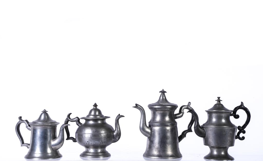 (4) PEWTER TEAPOTS GRISWALD, BENHAM, DUNHAM etc: and Richardson. 10 inches (and under)