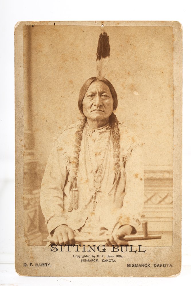 CHIEF SITTING BULL CABINET CARD by D.F. BARRY: Bismark, Dakota marked D.F. Barry boudoir card that measures 7 1/2 x 5 inches.