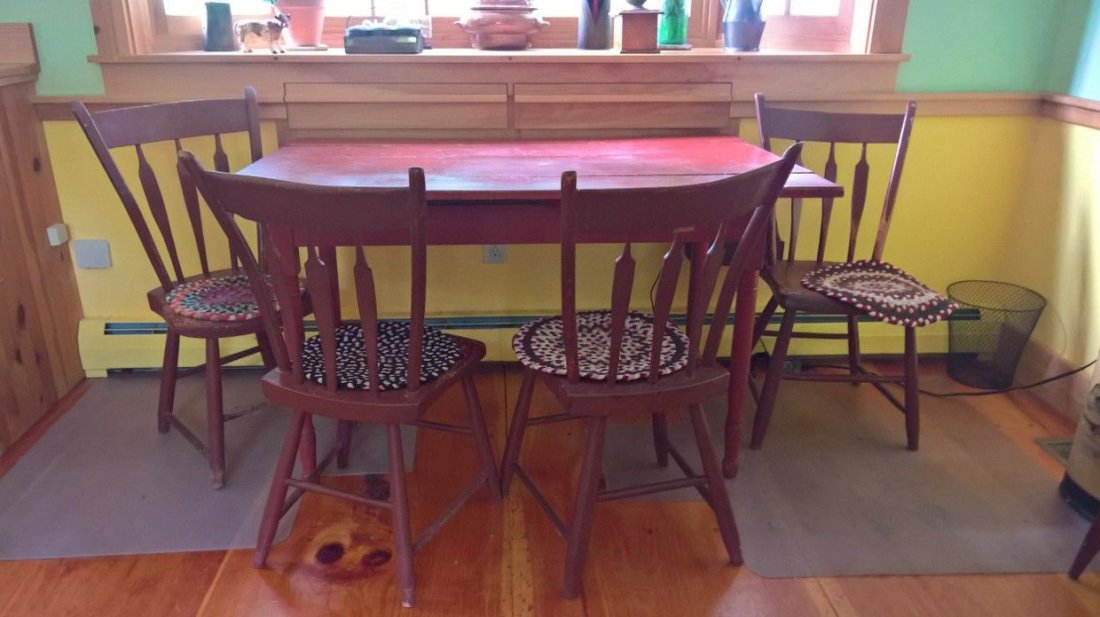 EARLY PERIOD DROP LEAF TABLE with (4) CHAIRS: Country period table with a later Victorian period red paint and (4) arrow back Windsor chairs, braided seats not available.