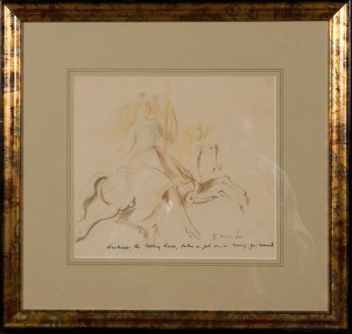 Reginald Marsh, American (1898-1954) "Herkiner, T: Reginald Marsh, American (1898-1954) "Herkiner, The Talking Horse, Takes a Job on the Merry-Go-Round", signed R. Marsh, L.R. Colored pencil, 9 1/2 in. X 10 1/2 in. (sight) framed