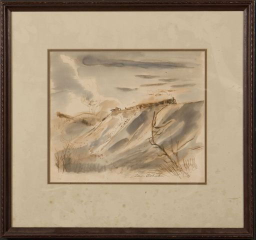 Aaron Bohrod, American (1907-1992) Train rounds th: Aaron Bohrod, American (1907-1992) Train rounds the bend, signed Aaron Bohrod, L.R. Watercolor, 9 1/2 in. X 11 1/4 in. (sight) framed
