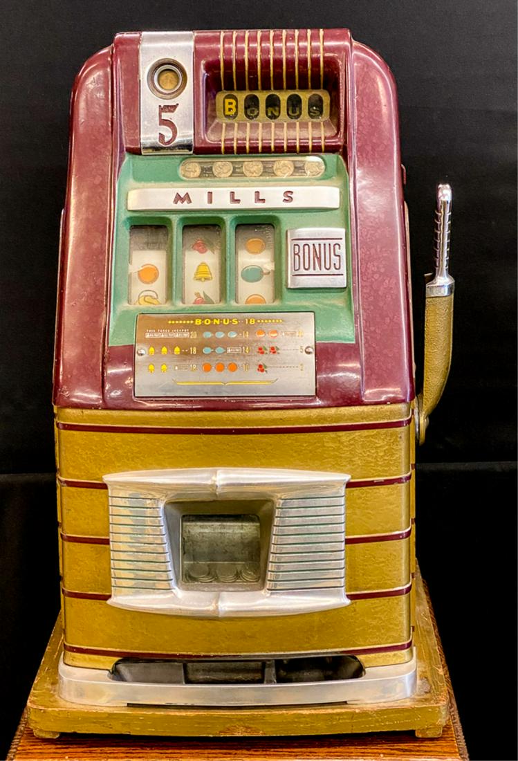 MILLS "HIGHTOP BONUS" 5 CENT SLOT MACHINE & BASE (1 of 20)