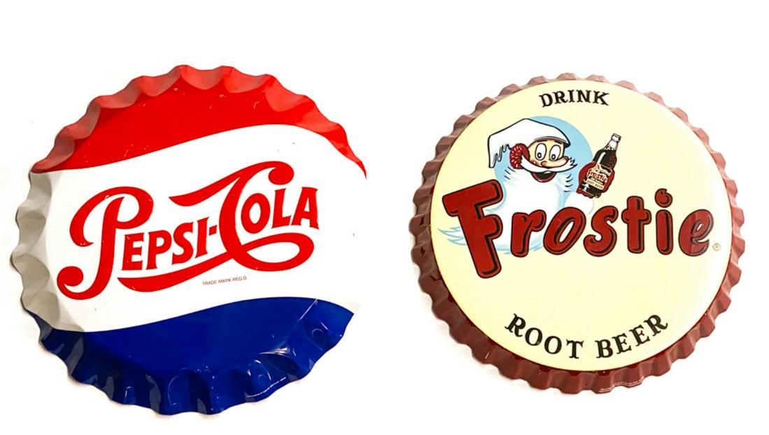 TWO BOTTLE CAP FORM WALL HANGING ADVERTS (1 of 8)