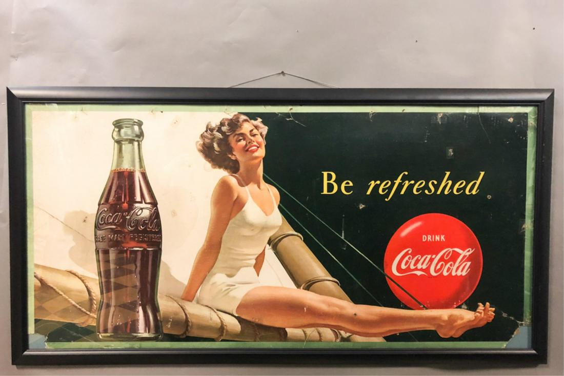 COCA COLA "BE REFRESHED" LITHOGRAPH ON CARDBOARD: Featuring pinup girl on sails. Framed. 30 1/2 x 59 1/2 inches. Condition: Tears and losses. Please see photos. Temp No 3009