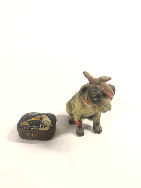 AUSTRIAN METAL DOG NODDER W/ GRAMOPHONE TIN: Austrian metal dog nodder with handkerchief covering eye 3", The Gramophone Company Limited needle tin with dog litho 1 1/2" From the collection of former FBI agent Bill Rosenbaum Condition: See photo