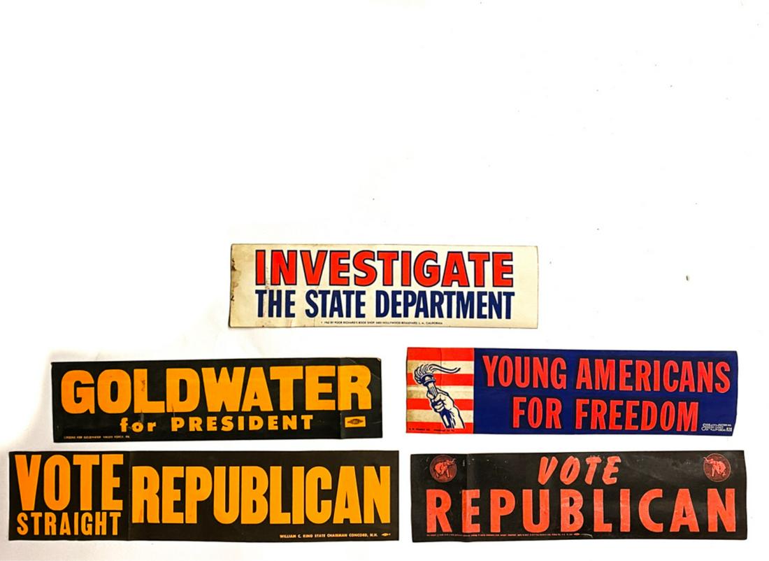 FIVE (5) VINTAGE POLITICAL BUMPER STICKERS: "Investigate the State Department", "Young Americans for Freedom" and three others. Condition: Good Temp No 3031
