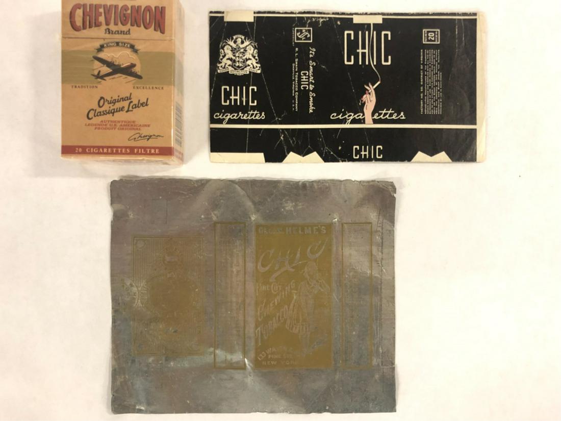 (3) PIECES TOBACCIANA CHEVIGNON-CHIC: Chevignon 20 pack hard pack, Chic Cigarettes soft pack label, Chic Fine Cut Chewing Tobacco foil wrapper From the collection of former FBI agent Bill Rosenbaum. Note: We are selling only the vintage a