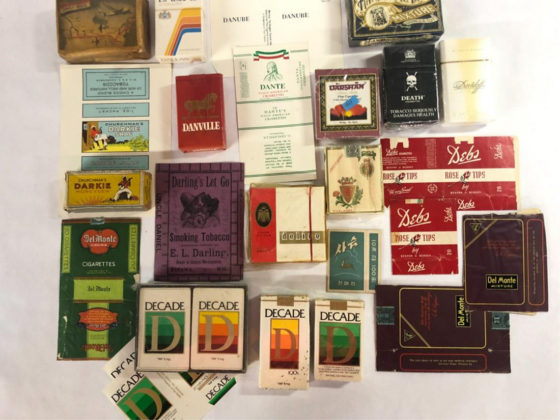 (33) PIECES TOBACCIANA DAILY MAIL-DEL MONTE: Daily Mail Cigarette Tobacco package, Dallas trademark hard pack, Dante Italo-American Cigarette soft pack label, Danube soft pack label, Handsome Dan Mixture depicting the Yale Mascot box, Danville s