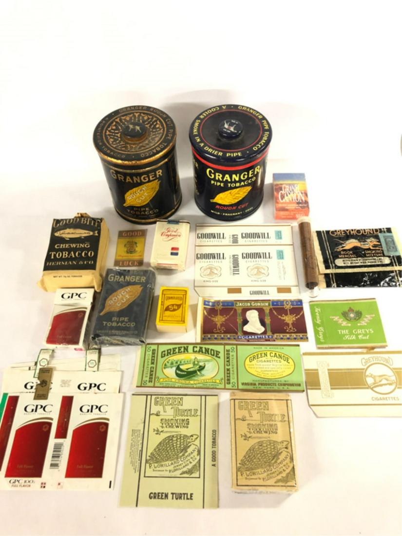 (24) PIECES TOBACCIANA GOOD BITE-THE GREYS: Good Bite by Herman & Co. Chewing Tobacco pack, Good Luck Virginia Cigarette box fragment, Good Companion soft pack, (2) Goodwill soft pack labels, Jacob Gordon Cigarettes label, (6) GPC hard pack and