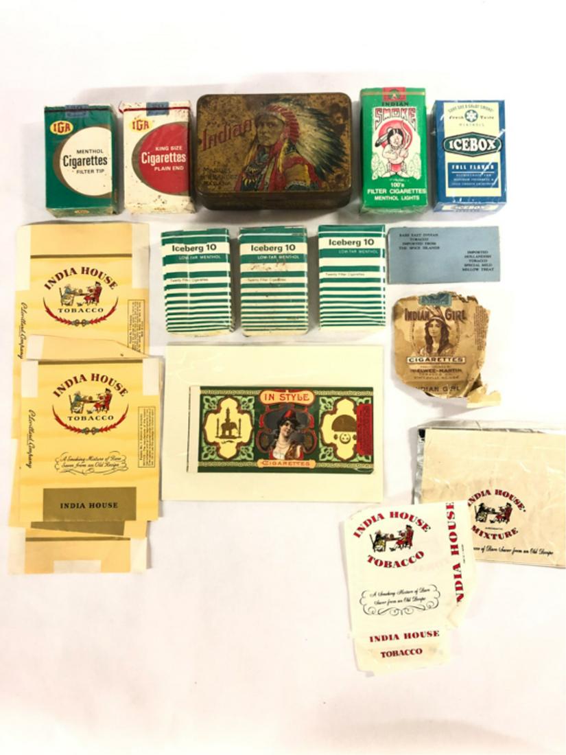 (16) PIECES TOBACCIANA ICEBERG-IN STYLE: (3) Iceberg 10 soft packs, Icebox hard box, (2) IGA soft packs (Including a menthol and plain end example, (3) India House tobacco labels, (2) India House Mixture pouch and cellophane packaging, India