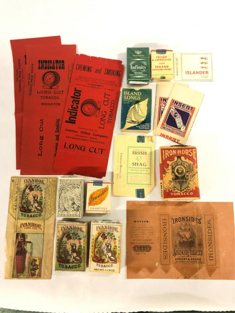(17) PIECES TOBACCIANA INDICATOR-IVANHOE: (3) Indicator Long Cut tobacco labels, Infinity Menthol hard pack, Inland Navigation Company "Captain A. Leppaluoto Manager" soft pack, (2) Insert Smoking tobacco paper bags, Irish Shag by Sir William
