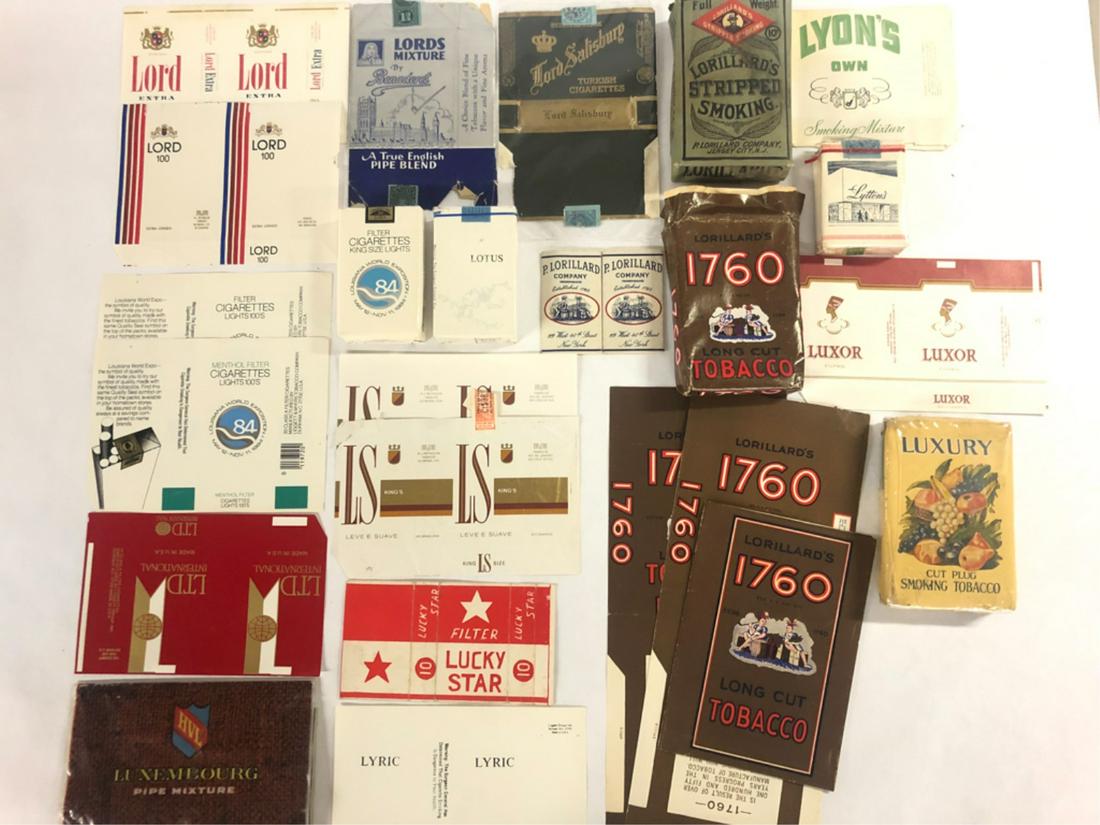 (26) PIECES TOBACCIANA LORD-LYTTON'S: (2) Lord soft pack labels, Lords Mixture by Benaderet packaging, Lord Salisbury Turkish Cigarettes soft pack label, Lorillard & Co. Rose Leaf Chewing tobacco tin w/ compass, (4) Lorillard's 1760 Long 
