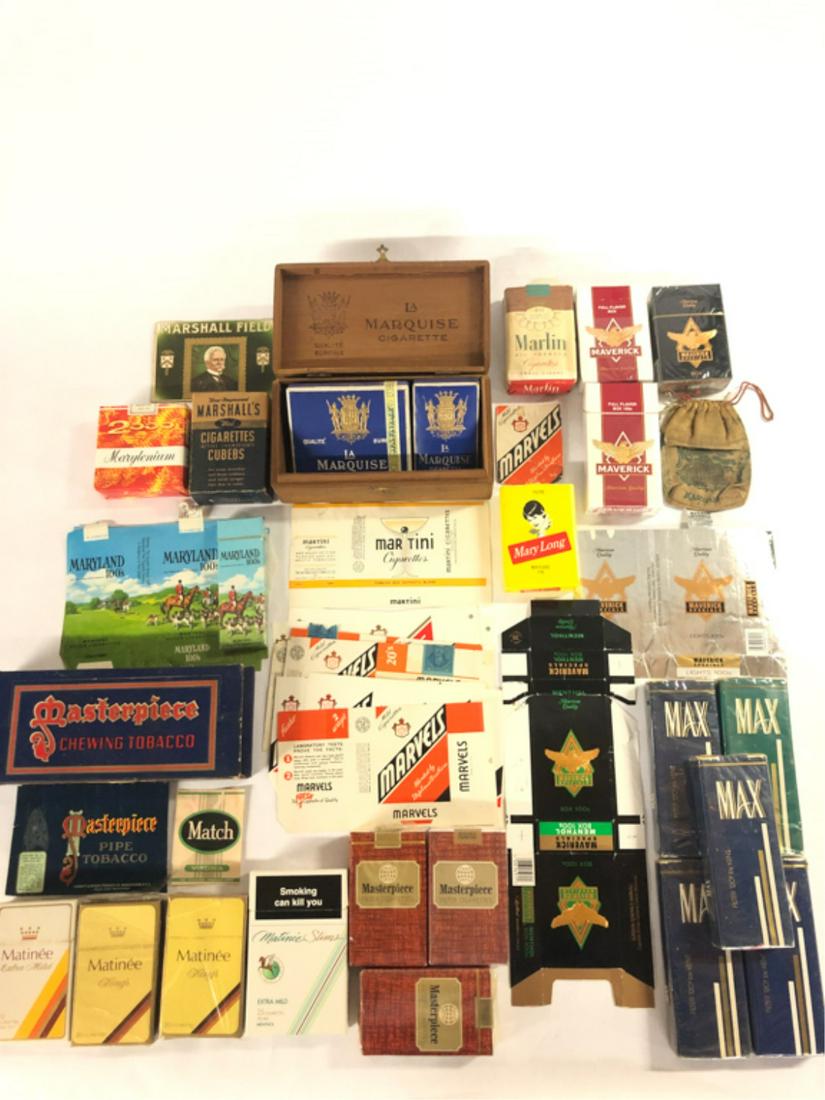 (44) PIECES TOBACCIANA MARLIN-MAX: Marlin Cigaritos soft pack, La Marquise wooden cigarette box 2 1/2"x7"x3 1/2", (2) La Marquise cigarette pack boxes, Marshall's Med. Cigarettes Active Ingredients Cubebs box, Marshall Field box fragme
