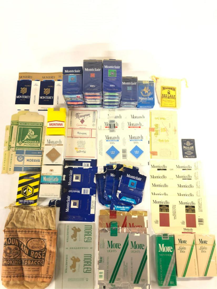 (52) PIECES TOBACCIANA MONARCH-MOUNTAIN ROSE: (4) Monarch hard pack w/ (3) soft pack labels, Monogram soft pack label, Montana soft pack, (10) Montclair 100's soft pack, (2) Montclair Lights soft packs, Montclair Menthol Filter soft pack, (4) Mon