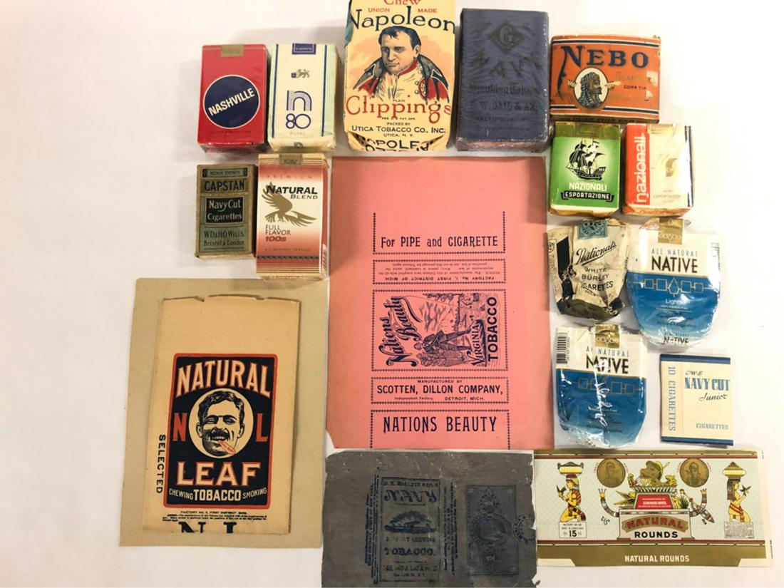 (16) PIECES TOBACCIANA N 80-NEBO: N 80 soft pack, Napoleon Plain Clippings Chew pack, Nashville soft pack, Nationals White Burley Cigarettes soft pack, (2) Native Lights soft packs, Nations Beauty Virginia Tobacco label, Natural Blend