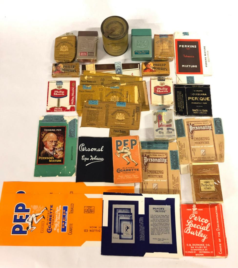 (29) PIECES TOBACCIANA PEP-PHILIP MORRIS: (3) Pep Blended Cigarette tobacco pack and (2) labels, Peper's "Petite" paper label, Perco Special Burley packaging, Perfectos Filter De Luxe hard pack, Perique Absolutely Pure packaging, Perkins Mixt