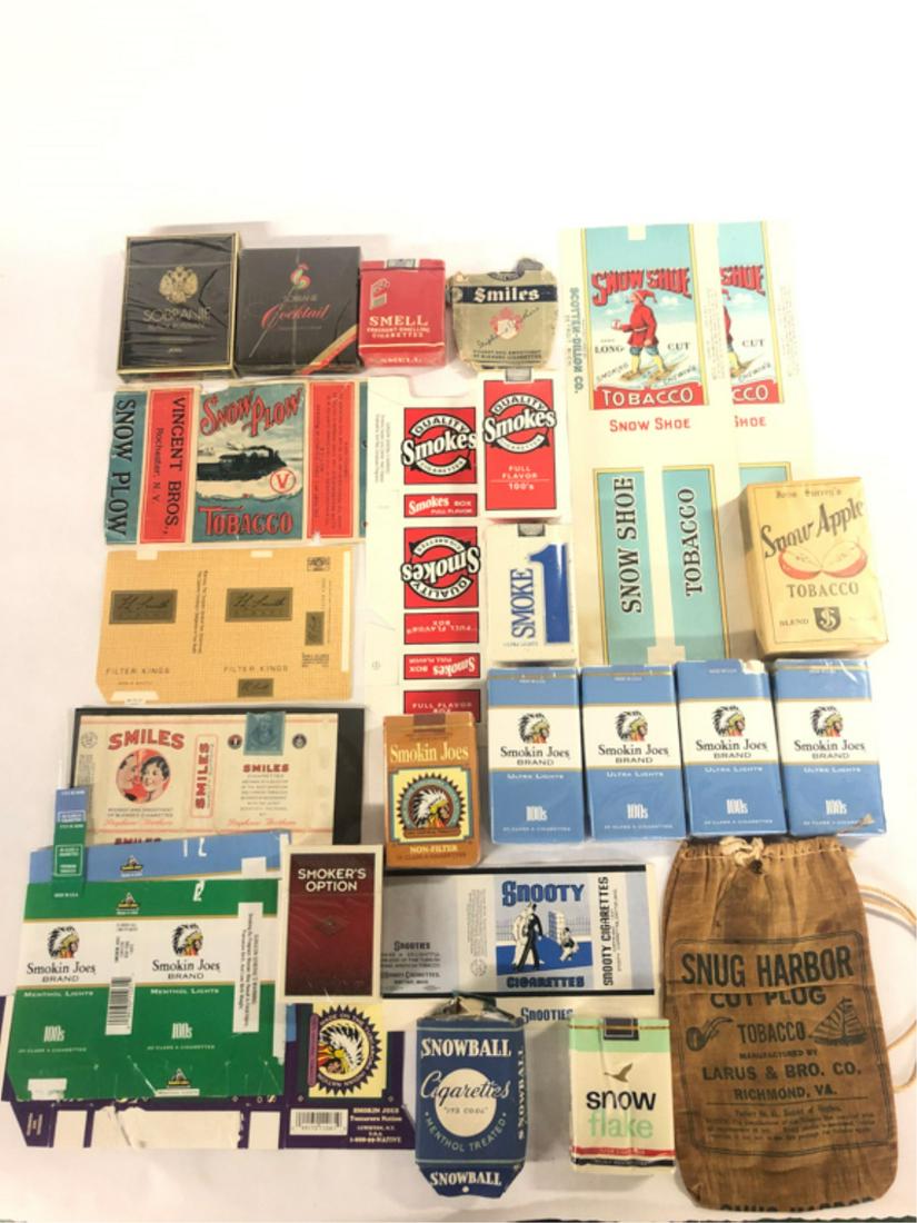 (26) PIECES TOBACCIANA SMELL-SOBRANIE: Smell Fragrant-Smelling Cigarettes soft pack, Smiles by Stephano Brothers soft pack, Smiles soft pack label, L.L. Smith Albany Filter Kings soft pack label, Smoke 1 Ultra Lights soft pack, (2) Smokes 