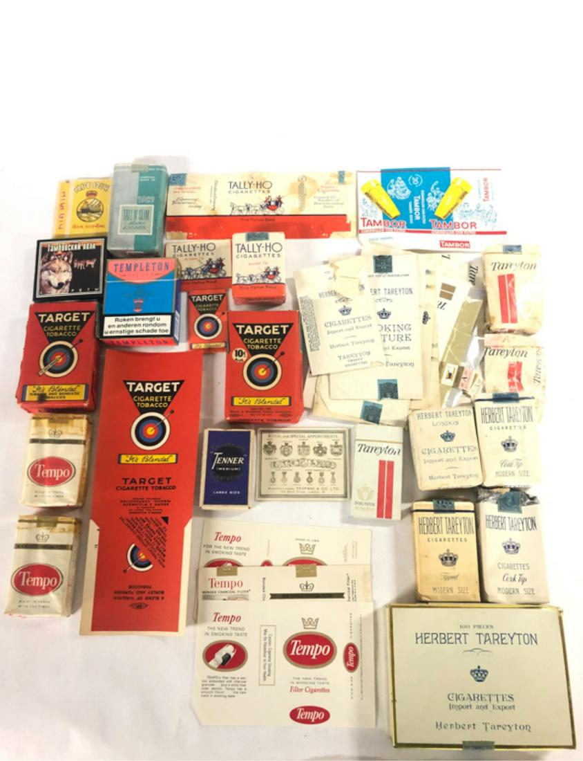 (42) PIECES TOBACCIANA TAJ-TEOFANI: Taj Brand box (India), Tall N' Slim Menthol Cigars soft pack, (2) Tally-Ho Cigarettes soft pack and a label, Tally-Ho Amber Tip Cigarettes box fragment, Tambor Cigarillos-Con Filtro soft pack label, (