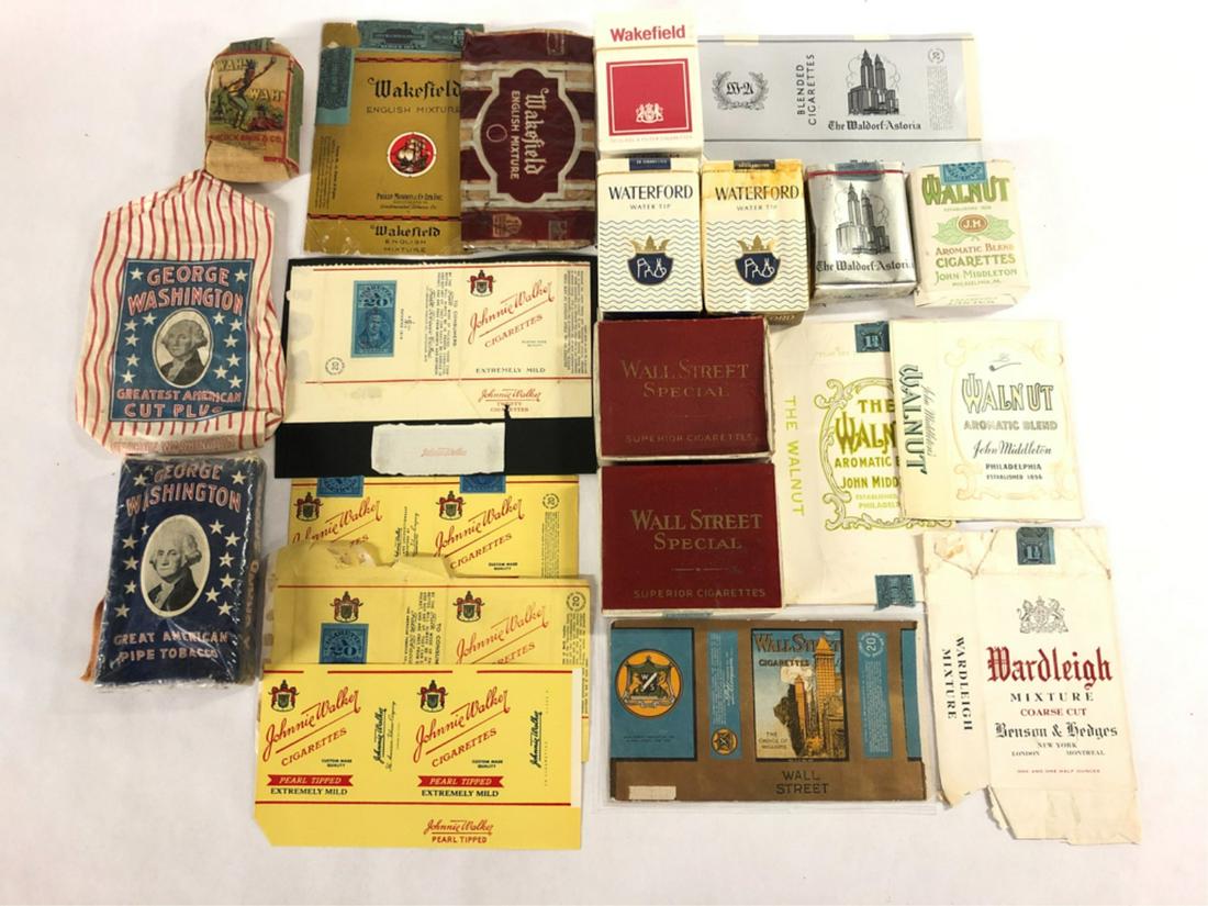 (21) PIECES TOBACCIANA WAH WAH-WATERFORD: Wah Wah Pipe and Cigarette tobacco bag, Wakefield cigarettes hard pack, (2) Wakefield English Mixture label and a pouch, (2) The Waldorf-Astoria soft pack and a label, (4) Johnnie Walker soft pack lab