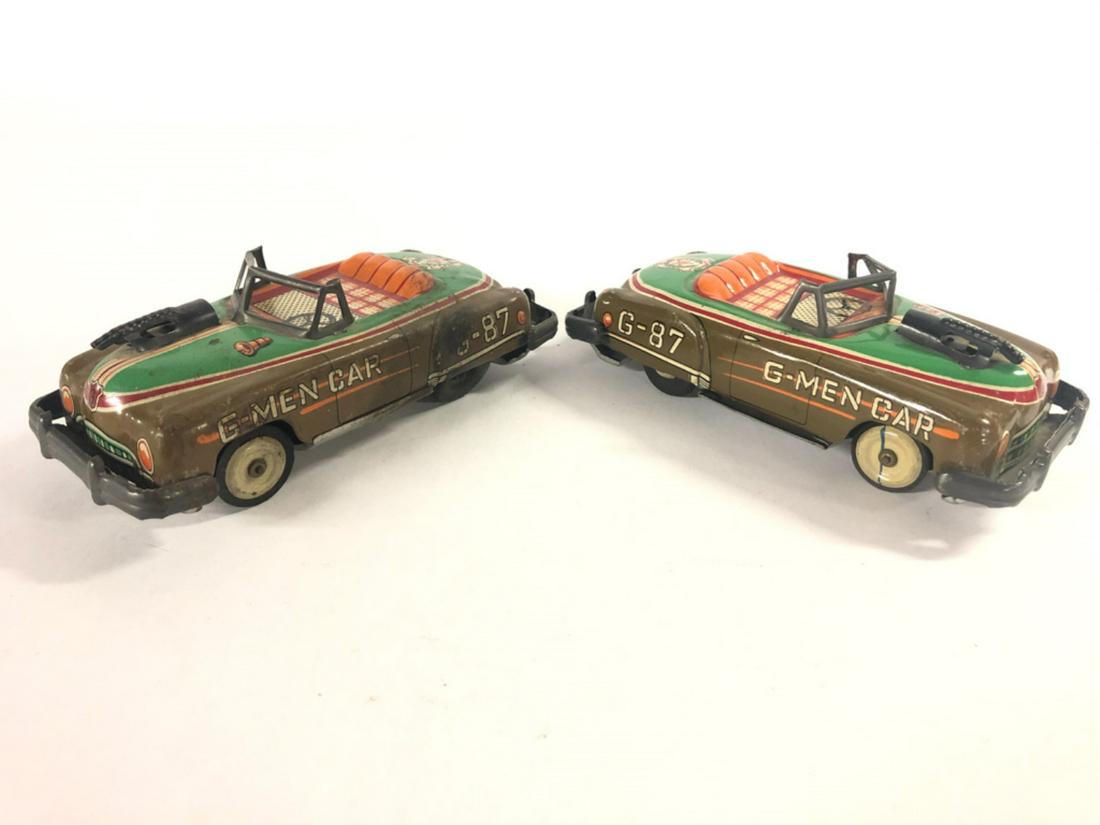 (2) VINTAGE G-MEN CARS G-87 BY K.O.: One example has minor while the other is in a more "played with" condition with wear to drivers side rear fender 6 3/4" From the collection of former FBI agent Bill Rosenbaum Condition: See photos Tem