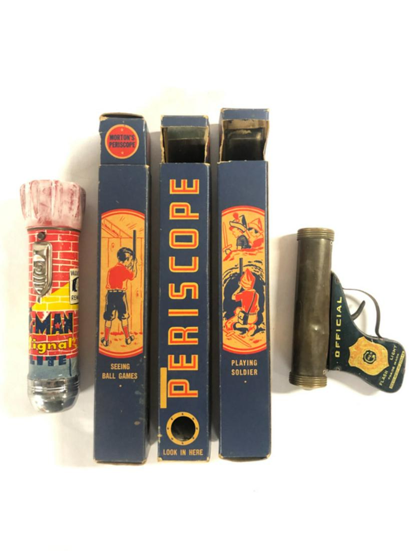 (5) FBI RELATED TOYS: "Official G Men Flash Light" in shape of a tin gun 5", "G-Men Signal Light" lithographed flashlight by Hipco 7", (3) Morton's Periscopes in self contained cardboard boxes 10 1/2" From the collection o