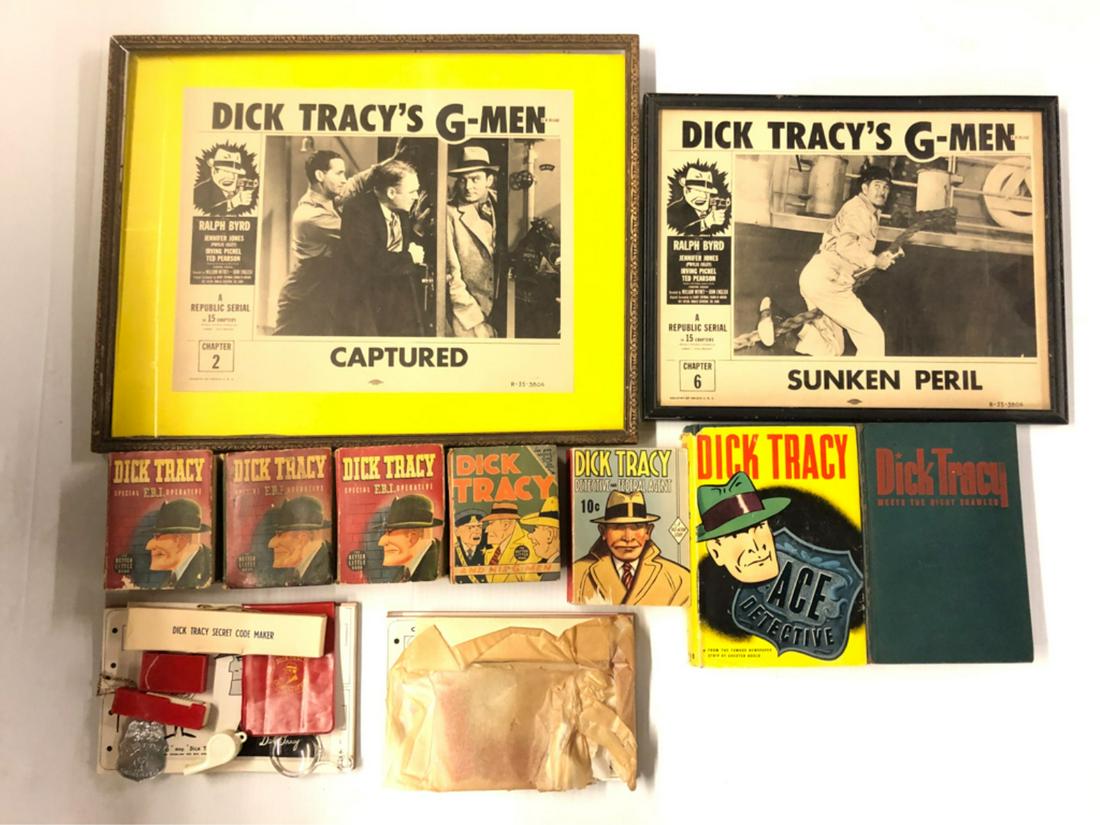 (11) PIECES DICK TRACY: Dick Tracy's G-Men "Captured" starring Ralph Byrd poster 11"x14" (framed 15"x19"), Dick Tracy's G-Men "Sunken Peril" starring Ralph Byrd poster (framed 12"x15"), (2) Dicky Tracy mail in give away from
