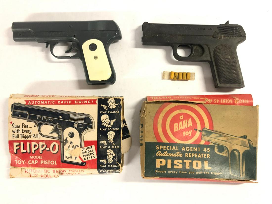 (2) TOY CAP PISTOLS: Flipp-o Automatic Rapid Firing model toy cap pistol with original box 7", Special Agent 45 Automatic Repeater pistol by Bana Toys with original box 6 1/2" From the collection of former FBI agent Bill