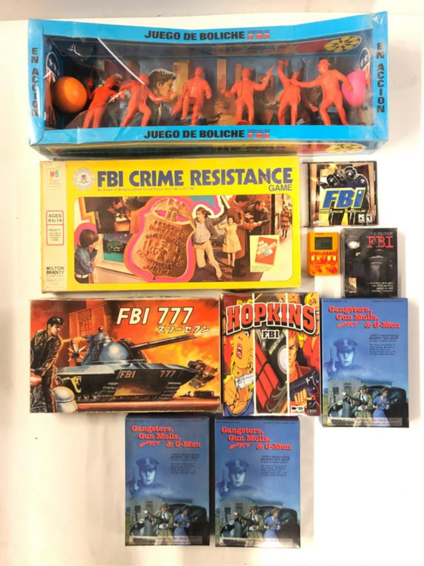 (10) FBI RELATED GAMES AND TOYS: FBI 777 plastic tank model in original box by Shizyuko, FBI Crime Resistance board game by Milton Bradley, Juego De Boliche FBI game in original box (hole in cellophane), Hopkins FBI computer game by 