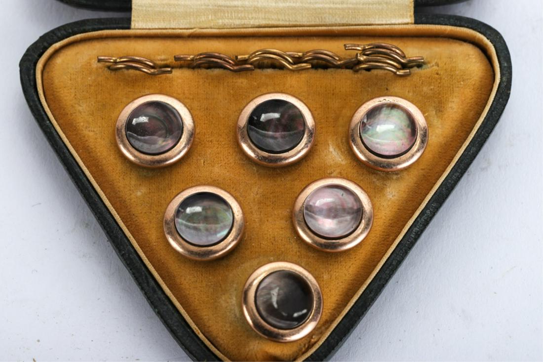 MOTHER OF PEARL and GOLD FILLED STUD SET: (6) Rose gold buttons with mother of pearl centers. unmarked.