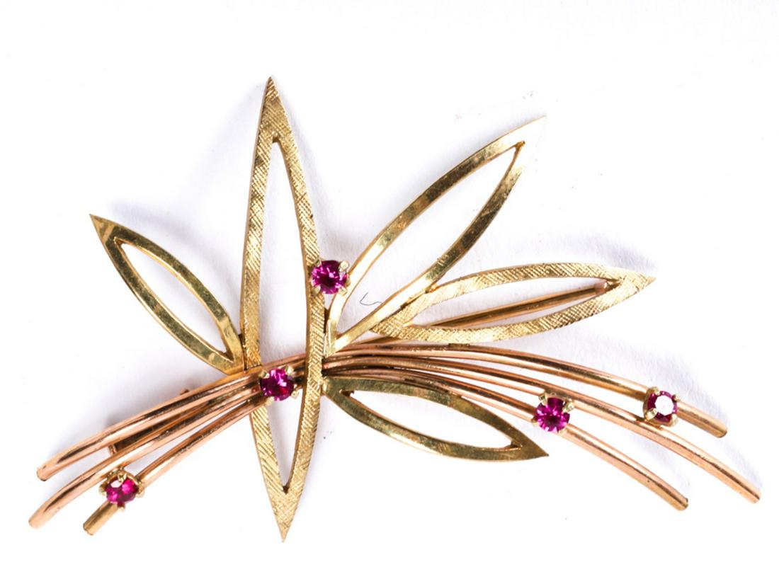 ROSE & YELLOW GOLD BROOCH set with PINK SAPPHIRES: Lively abstract star/ floral motif 1 1/2 x 2 1/4 inches . 4.8dwt