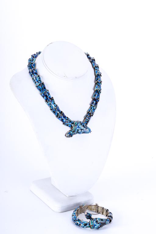 MEXICAN STERLING and ENAMEL SNAKE SET: with necklace and bracelet, signed JF for Jeronimo Fuentes. Jeronimo worked for Margot de Taxco and became director or her workshop in the 50s, signed JF. 18 inches. 85.7 dwt.