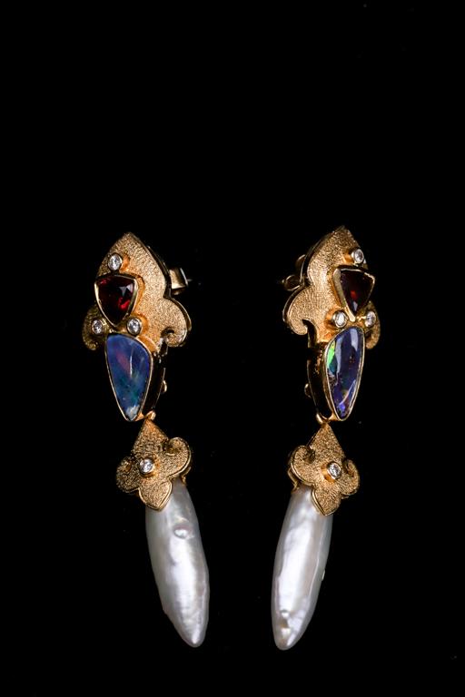 PAULA CREVOSHAY DESIGNER 18K EARRINGS: with 18K gold opal, rubelite, diamond,removable pearl & diamond tear drops, 10.1 dwts. Original cost new in gallery $3,900.