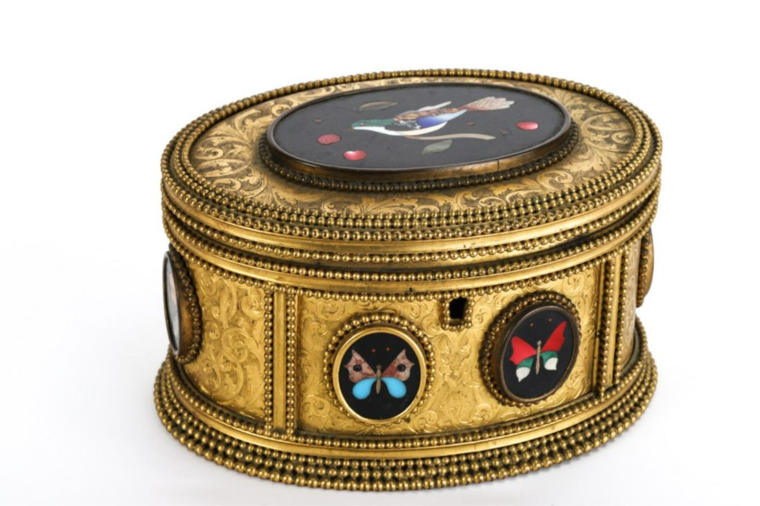 PIETRA DURA GILT BRONZE JEWELRY CASKET: Wonderfully tooled bronze set with pietra dura medallions of birds, butterflies and flowers. unmarked. 5 x 8 x 6 inches.