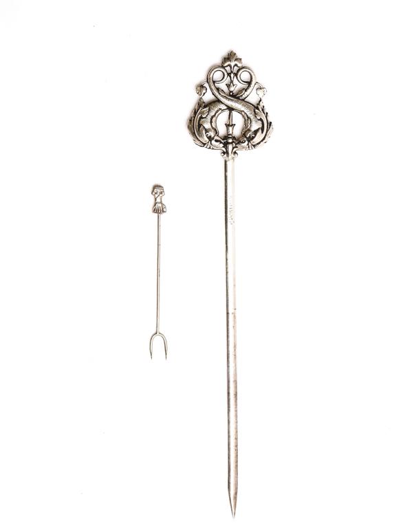 H. FRANCE C. SILVERPLATED DOLPHIN SKEWER & PIQUE: Figural stylized pique is marked 925. 9 inches (and smaller)