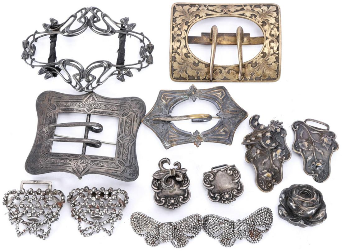 LOT of (13) ANTIQUE BELT BUCKLES: in various shapes and sizes. Some are sterling silver.