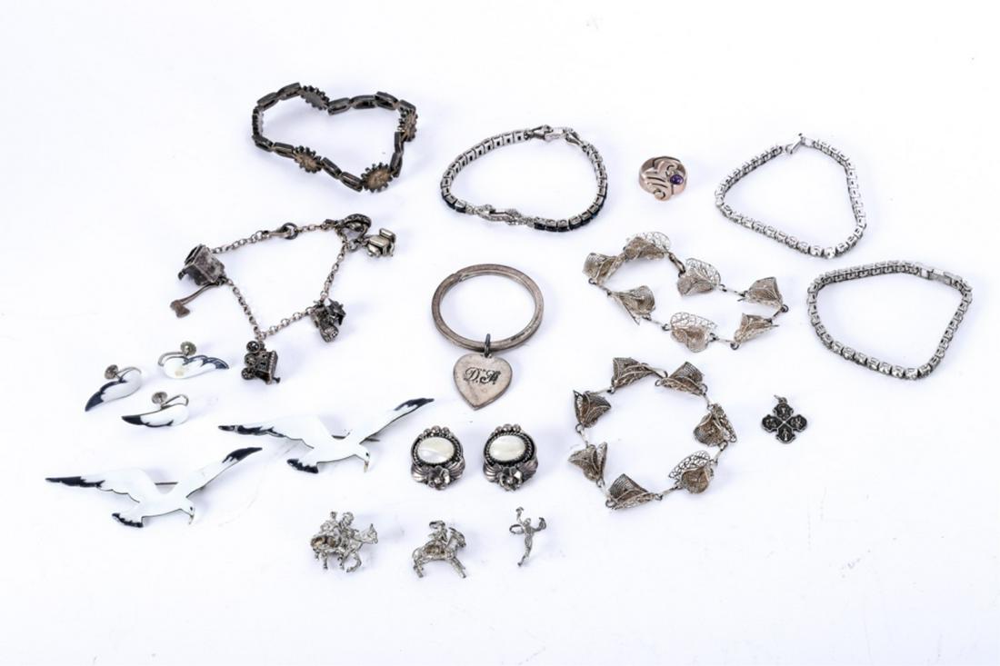 GROUP of STERLING JEWELRY and TIFFANY KEY RING: including (3) Otis bracelets, Mexican ring and earrings, 1950's charm bracelet, etc. approx 5.91 ozt